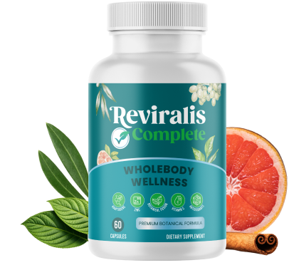 Reviralis Complete Whole Body Wellness supplement bottle with grapefruit, cinnamon and leaves